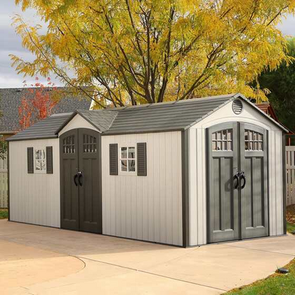 Lifetime 60127 20 x 8 Ft. Dual-Entry Outdoor Storage Shed with Skylights, Windows, and Floor – Desert Sand