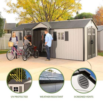 Lifetime 60127 20 x 8 Ft. Dual-Entry Outdoor Storage Shed with Skylights, Windows, and Floor – Desert Sand