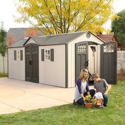 Lifetime 60127 20 x 8 Ft. Dual-Entry Outdoor Storage Shed with Skylights, Windows, and Floor – Desert Sand